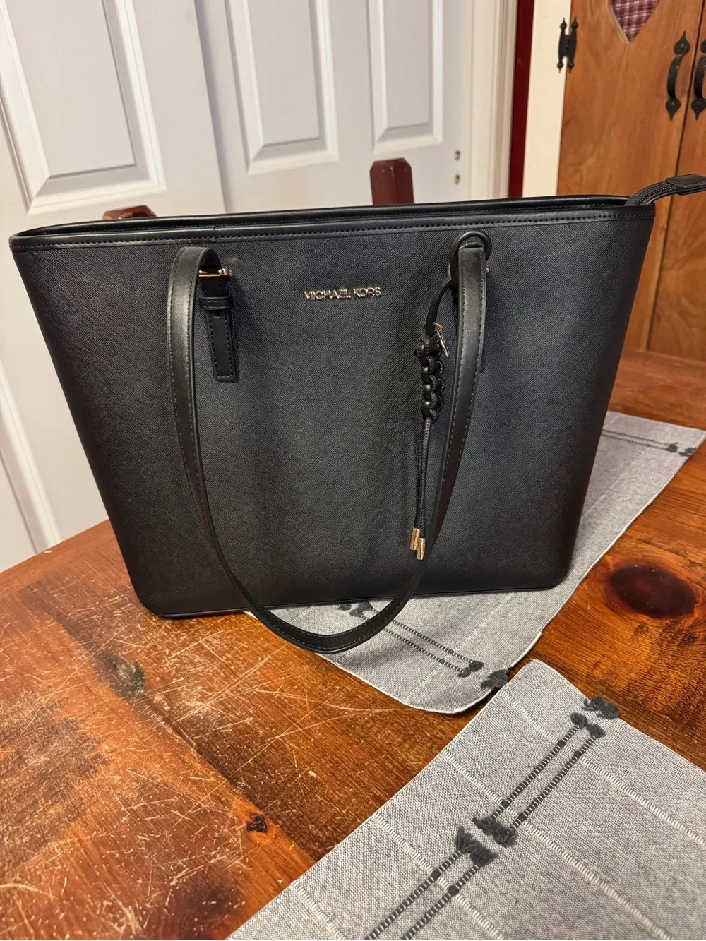 Michael Kors Black Saffiano Leather Jet Set Tote with Gold Hardware